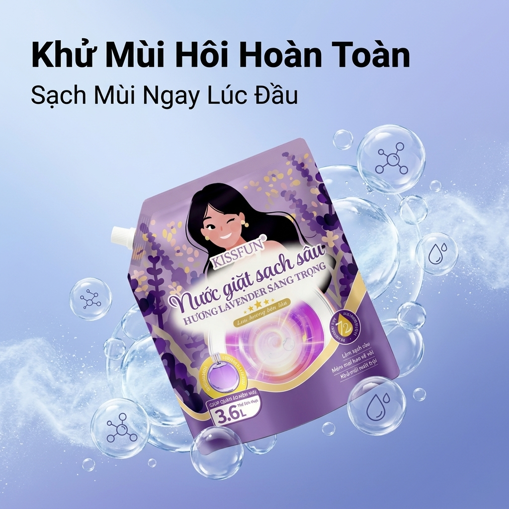 Nước giặt KISSFUN hương Lavender | Túi 3.6L | Sạch sâu - Khử mùi mạnh - Lưu hương 72h