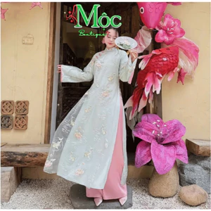Set áo dài, đồ Tết, mặc Tết chất Voan thêu nổi cá chép hoa sen 2 lớp cổ tàu phối quần Satin