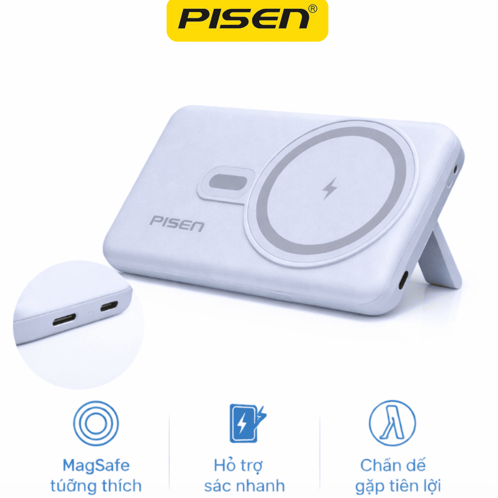 Sạc Dự Phòng PISEN PowerMag 20W 10000mAh Sạc Nhanh Không Dây 2in1 Pin Trâu Nhỏ Gọn Giá Đỡ LS-DY240