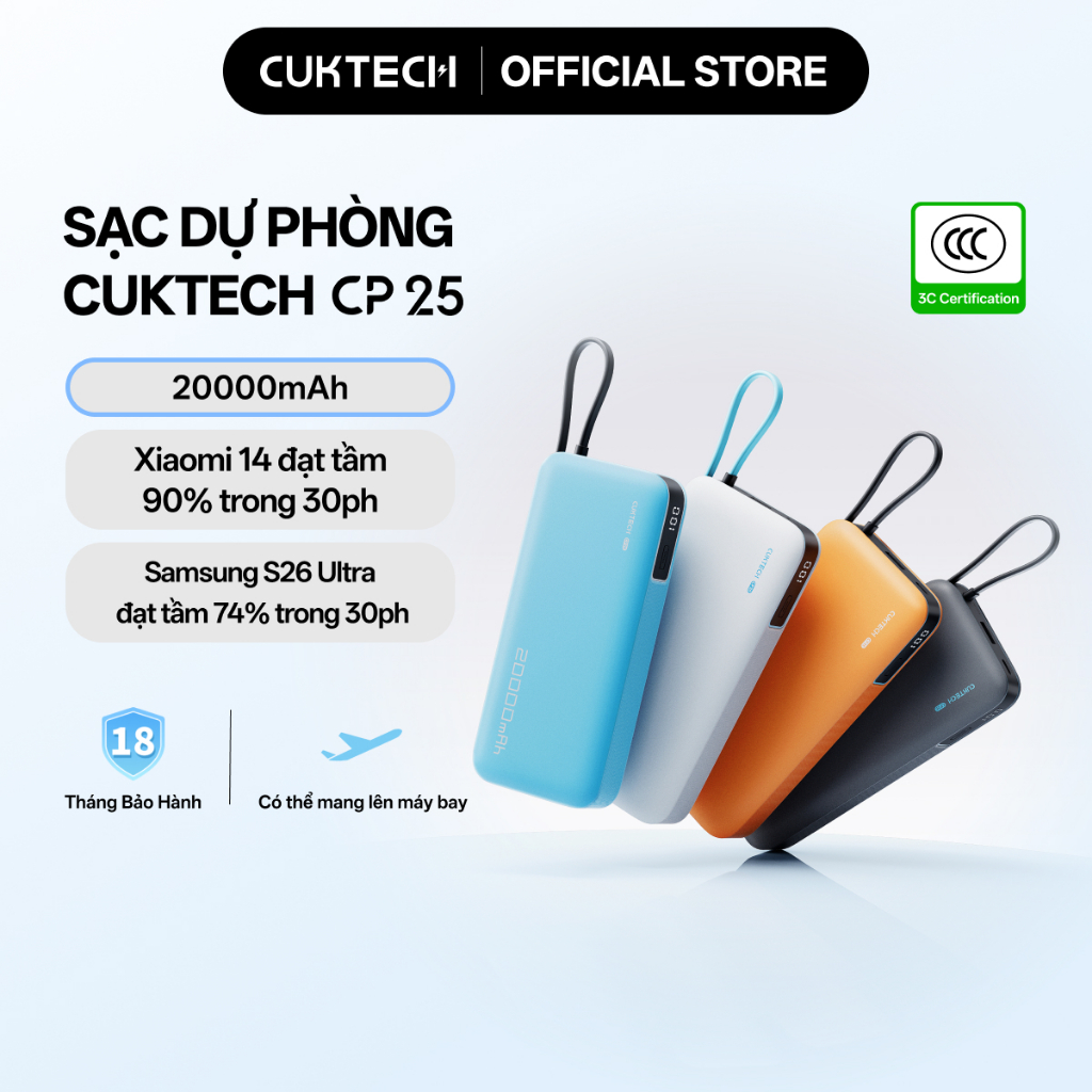 【Được chứng nhận CCC】CUKTECH Sạc Nhanh 55W 20000mAh – Tích Hợp Dây, Hỗ Trợ Xiaomi 55W Samsung 45W Laptop 45W iP 17/16/15