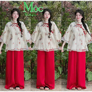 QC_ Set đồ lam, đồ Tết đi lễ cách tân áo Gấm phối Tơ nến Lưới in hoa đính nơ cổ tàu kèm quần dài