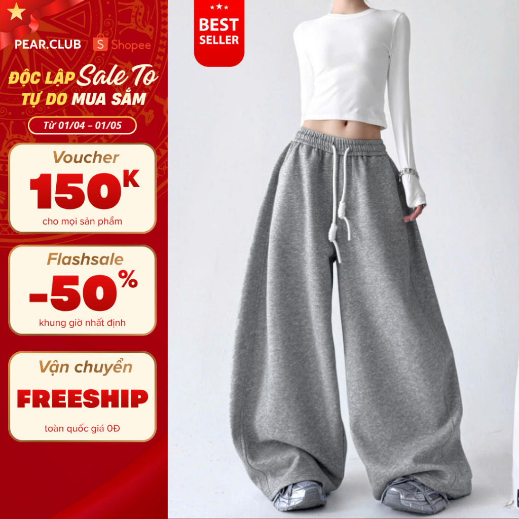 Quần nỉ ống rộng PEAR.CLUB, quần ống siêu rộng phối dây BIGSIZE mặc mùa hè đi biển nhảy dance, cá tính ghi xám Q128 | BigBuy360 - bigbuy360.vn