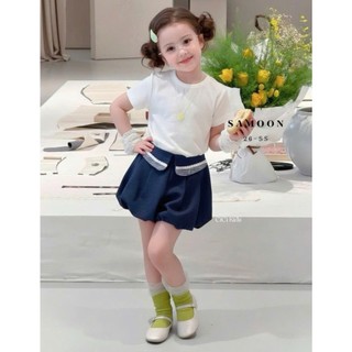 [B&G] Sét bộ áo cotton trắng kèm quần bí xanh đen cá tính mùa hè cho bé gái 10-45kg