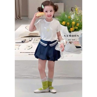 [B&G] Sét bộ áo cotton trắng kèm quần bí xanh đen cá tính mùa hè cho bé gái 10-45kg