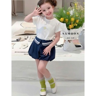 [B&G] Sét bộ áo cotton trắng kèm quần bí xanh đen cá tính mùa hè cho bé gái 10-45kg