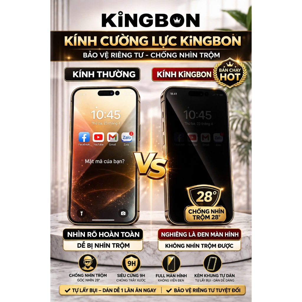 Kính iPhone Không Viền Đen Chống Nhìn Trộm 28 ĐỘ Khung Tự Dán GOR KiNGBON MA-89 cho 12 đến 17Pro max