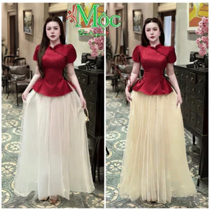QC_ Set váy dài, thời trang thiết kế áo cổ tàu Gấm hoa tay bồng thắt dây eo phối váy dài Lưới