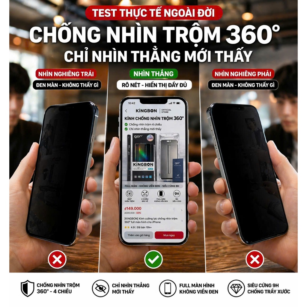 Kính Cường Lực iPhone Không Viền Đen Kèm Khung Tự Lấy Bụi Chính Hãng GOR x KiNGBON