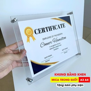Khung giấy khen, Khung giấy khen A4 A3 treo tường, Khung ảnh mica trong suốt (Tặng kèm phụ kiện ốc)