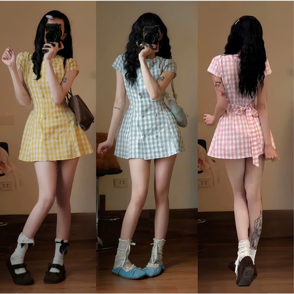 Váy nữ kẻ caro cúc bọc cột nơ eo tôn dáng xinh xắn TẤM V29