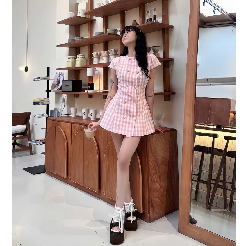 Váy nữ kẻ caro cúc bọc cột nơ eo tôn dáng xinh xắn TẤM V29
