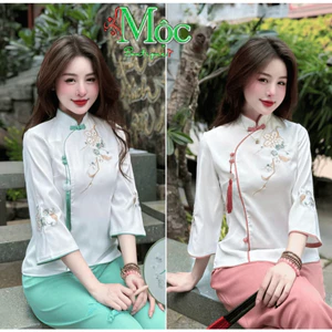 Set đồ lam, set pháp phục áo tay lở thêu xịn chất Phi Tuyết nút bọc kèm quần dài 3 màu