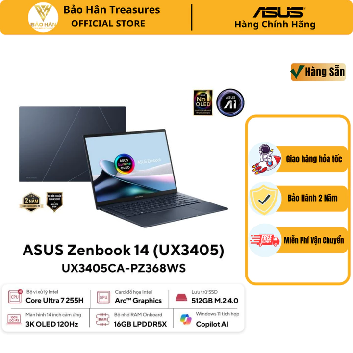 Laptop Asus Zenbook 14 UX3405CA-PZ368WS (Intel Core Ultra 7 255H | 16GB | 512GB | Intel Arc | 14 inch 3K OLED | Cảm ứng