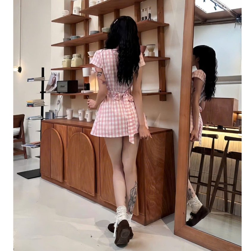 Váy nữ kẻ caro cúc bọc cột nơ eo tôn dáng xinh xắn TẤM V29