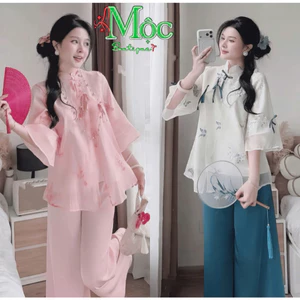 DXAL_ Set đồ lam, pháp phục đi chùa, mặc Tết áo Tơ Thêu cổ tàu đính nơ tay lỡ mix quần phi Lụa dài