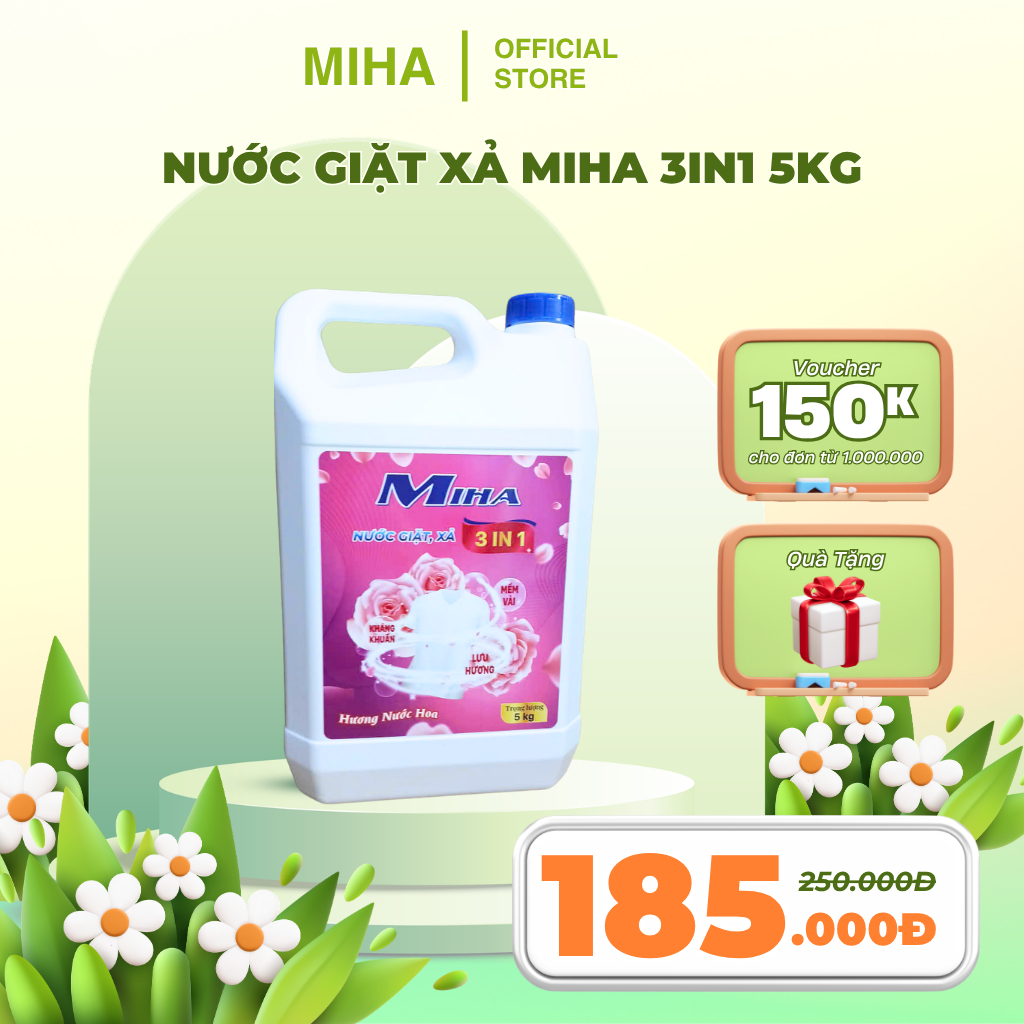Nước Giặt Xả Miha 3in1 5kg – Giặt Sạch, Lưu Hương Lâu, Mềm Vải Tiện Lợi