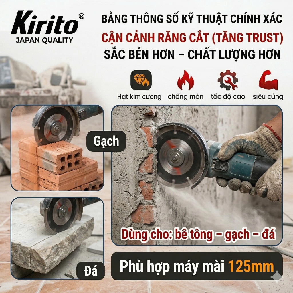 Lưỡi Cắt Bê Tông Kirito 114mm / 125mm – Đĩa Kim Cương Cắt Nhanh, Chống Mòn, Chính Hãng