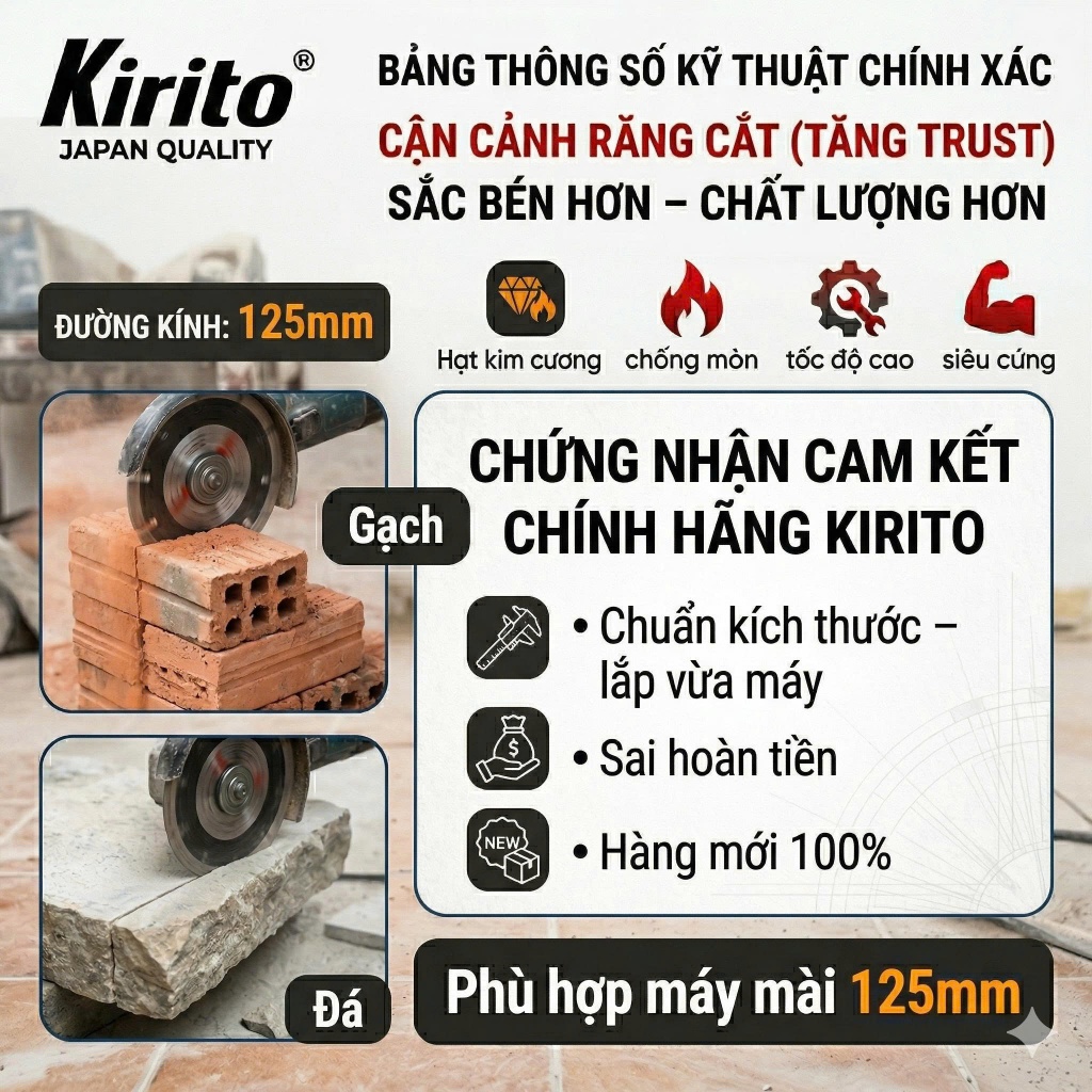 Lưỡi Cắt Bê Tông Kirito 114mm / 125mm – Đĩa Kim Cương Cắt Nhanh, Chống Mòn, Chính Hãng