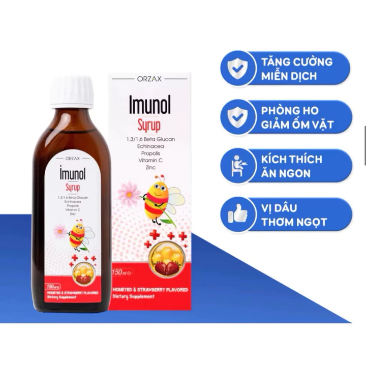Imunol Syrup (hộp 150 ml) hỗ trợ giúp bổ sung Vitamin C và Kẽm cho trẻ. Hỗ trợ tăng cường sức đề kháng cho trẻ.
