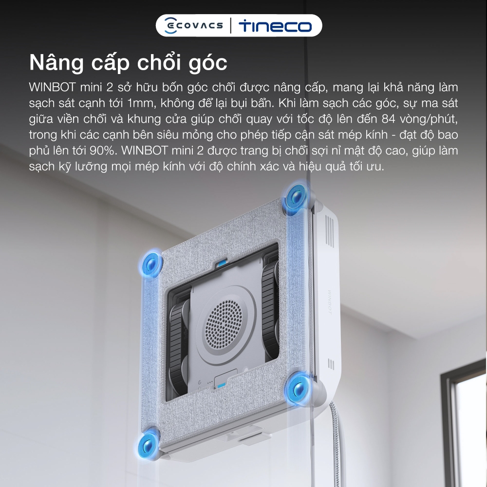 Robot lau kính Ecovacs Winbot Mini 2 - Lực hút tối đa 8000Pa - WIN-SLAM 4.0 - Bảo vệ khi mất điện 30 phút
