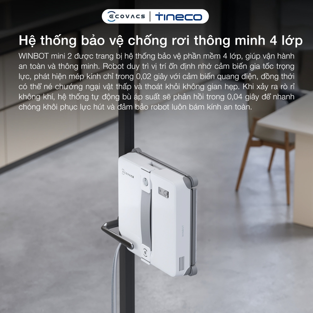 Robot lau kính Ecovacs Winbot Mini 2 - Lực hút tối đa 8000Pa - WIN-SLAM 4.0 - Bảo vệ khi mất điện 30 phút