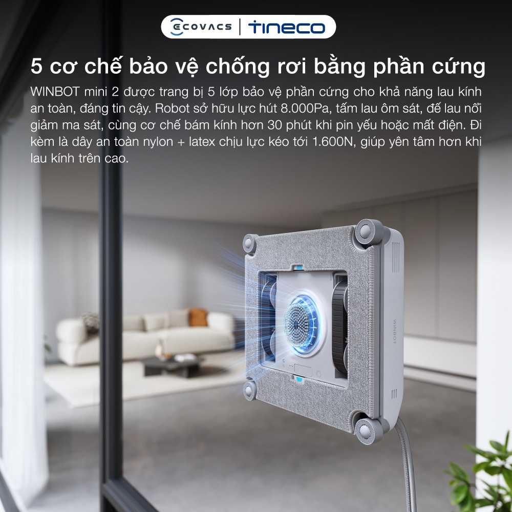 Robot lau kính Ecovacs Winbot Mini 2 - Lực hút tối đa 8000Pa - WIN-SLAM 4.0 - Bảo vệ khi mất điện 30 phút