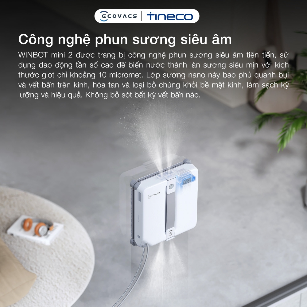 Robot lau kính Ecovacs Winbot Mini 2 - Lực hút tối đa 8000Pa - WIN-SLAM 4.0 - Bảo vệ khi mất điện 30 phút