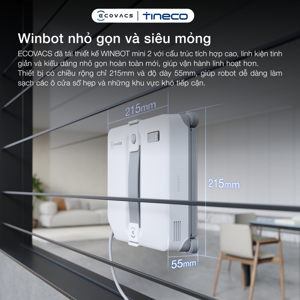 Robot lau kính Ecovacs Winbot Mini 2 - Lực hút tối đa 8000Pa - WIN-SLAM 4.0 - Bảo vệ khi mất điện 30 phút