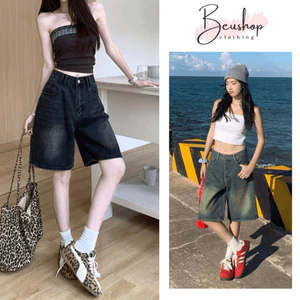 Quần Short Jean Ngố Lửng Nữ Ống Rộng Cạp Cao Dáng Đứng Quần Short Jean Nữ Bigsize Ôm Eo Tôn Dáng