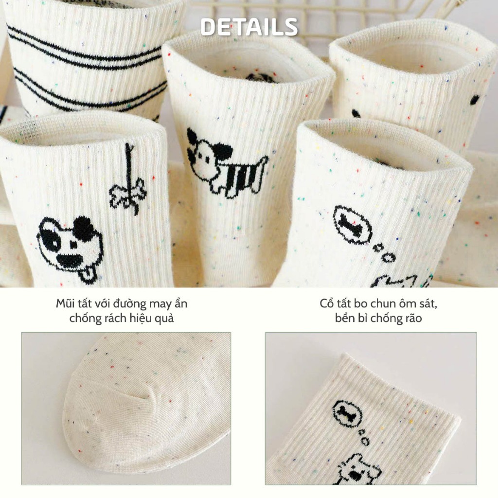 Tất vớ cổ trung tone trắng đen họa tiết cún con dễ thương, chất liệu mềm mại - Ekiu Perseper