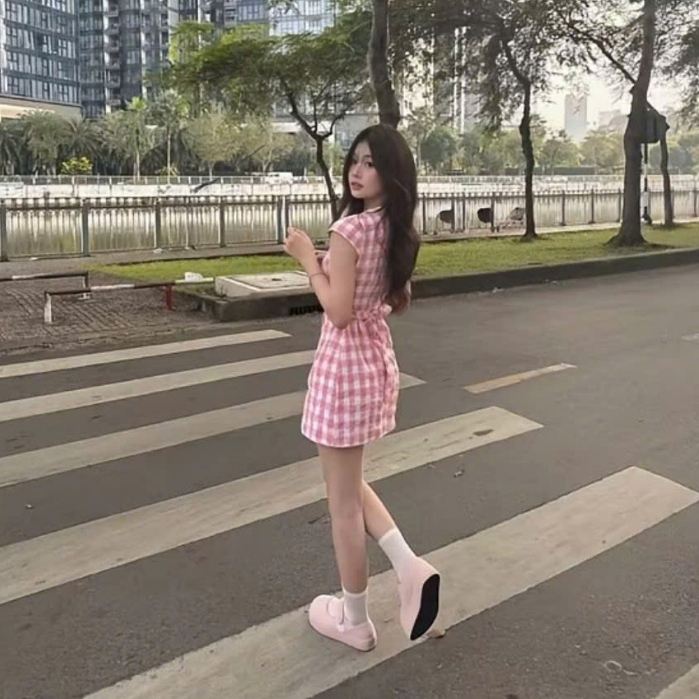 Váy nữ phối kẻ caro tay ngắn cúc bọc thắt nơ eo tiểu thư MUZA V29