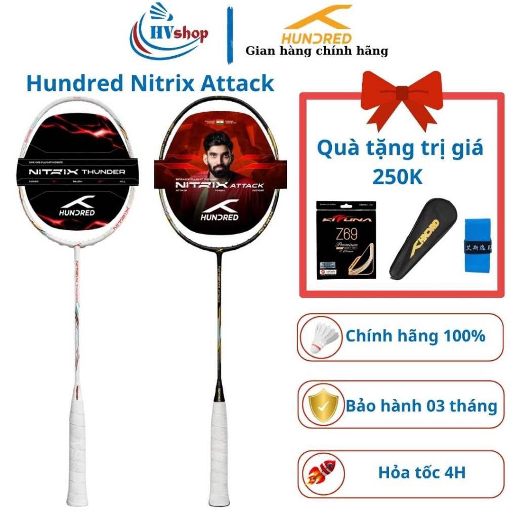 Vợt cầu lông Hundred Nitrix Attack, KHUNG CHƯA CĂNG kèm quà tặng, lối chơi tấn công - HVShop