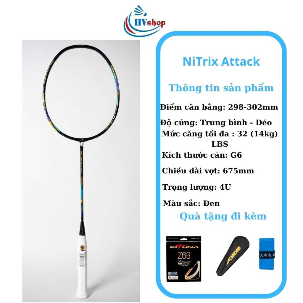 Vợt cầu lông Hundred Nitrix Attack, KHUNG CHƯA CĂNG kèm quà tặng, lối chơi tấn công - HVShop