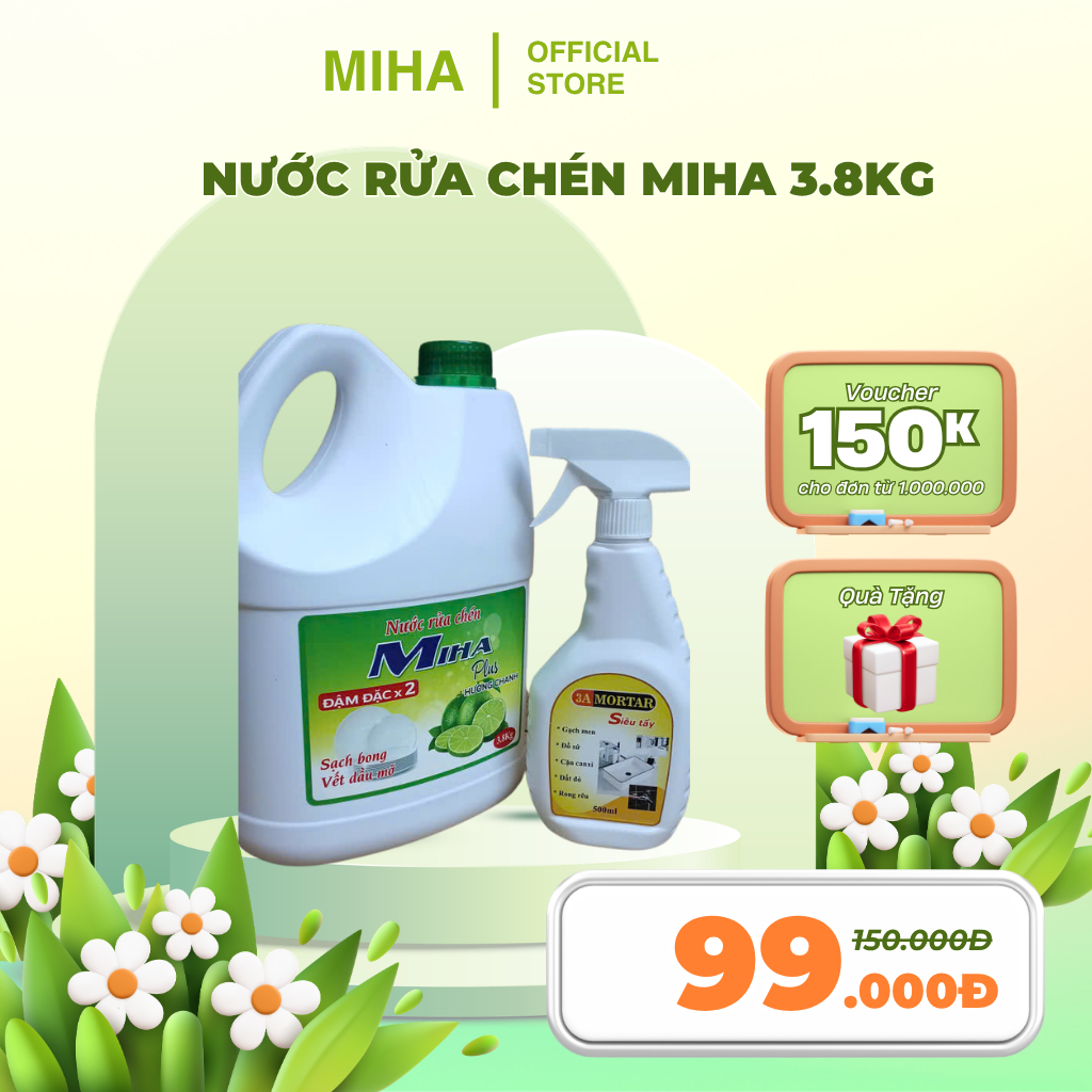 Nước Rửa Chén Miha 3.8kg – Sạch Dầu Mỡ, Dịu Nhẹ Da Tay + Tặng Tẩy Cặn Canxi 3A Mortar