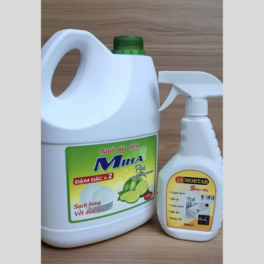 Nước Rửa Chén Miha 3.8kg – Sạch Dầu Mỡ, Dịu Nhẹ Da Tay + Tặng Tẩy Cặn Canxi 3A Mortar