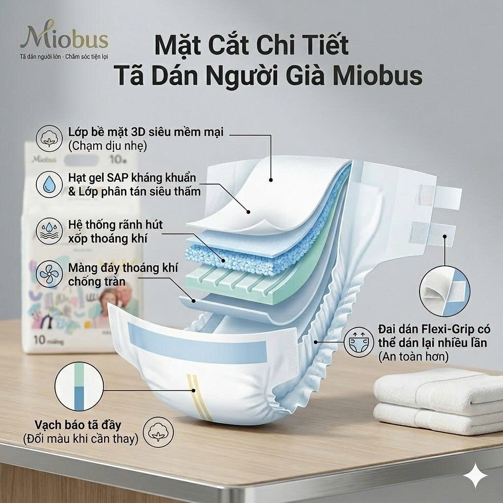 [30 miếng] Bỉm người già MioBusS loại dán – Khô thoáng, hạn chế tràn, dễ thay