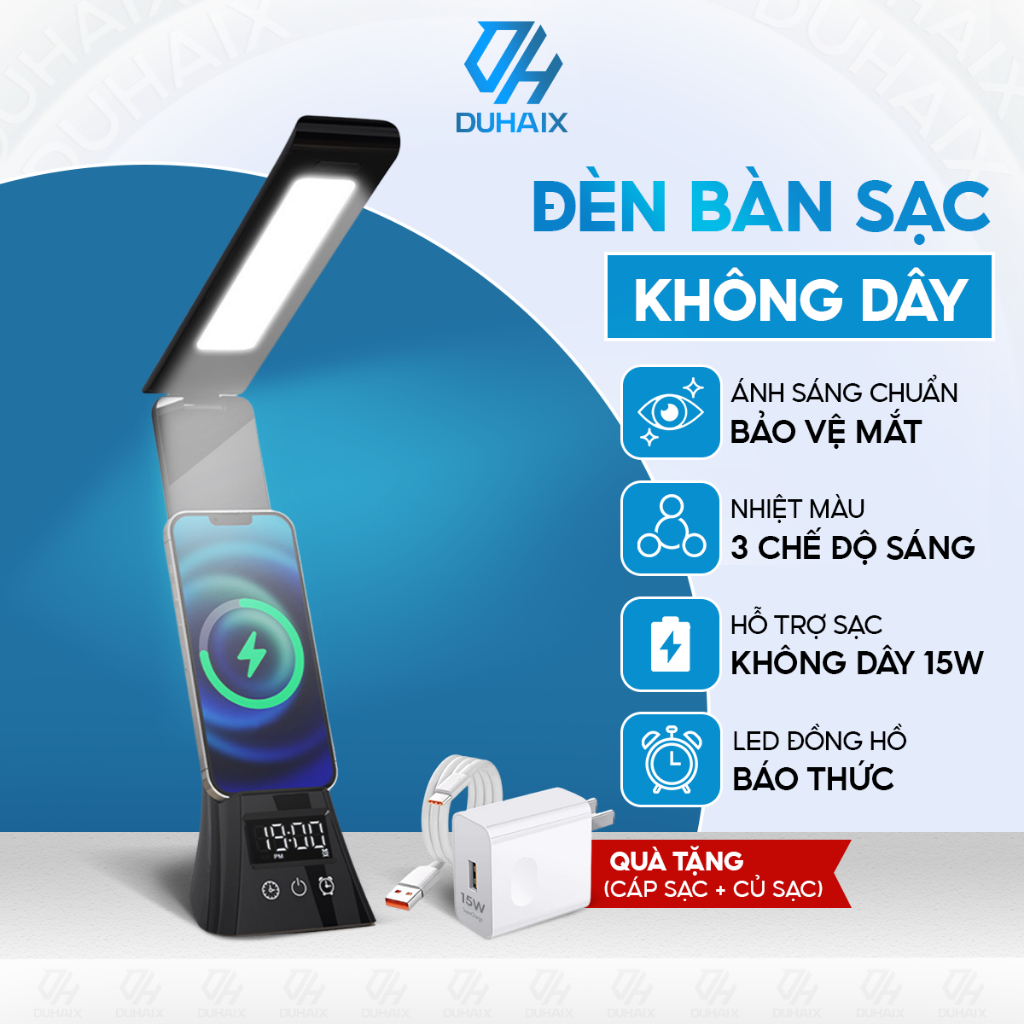 Đèn học để bàn cao cấp chống cận bảo vệ mắt, Sạc nhanh 15W, Đồng hồ, Báo thức, 3 chế độ ánh sáng, BH 12th
