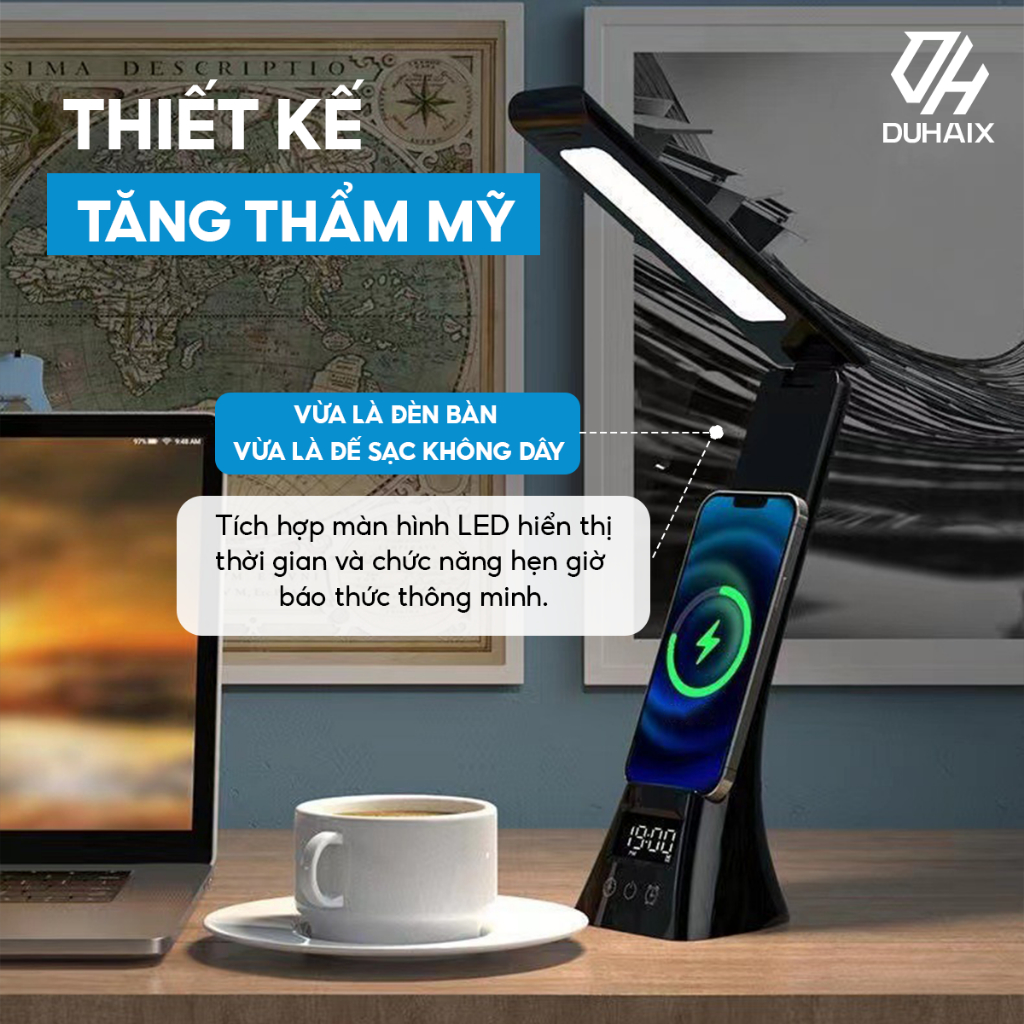 Đèn học để bàn cao cấp chống cận bảo vệ mắt, Sạc nhanh 15W, Đồng hồ, Báo thức, 3 chế độ ánh sáng, BH 12th