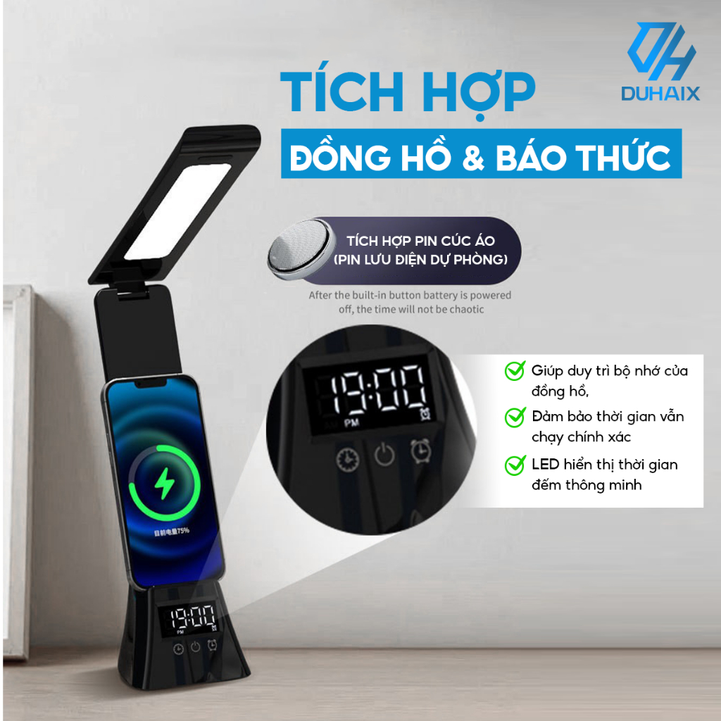 Đèn học để bàn cao cấp chống cận bảo vệ mắt, Sạc nhanh 15W, Đồng hồ, Báo thức, 3 chế độ ánh sáng, BH 12th