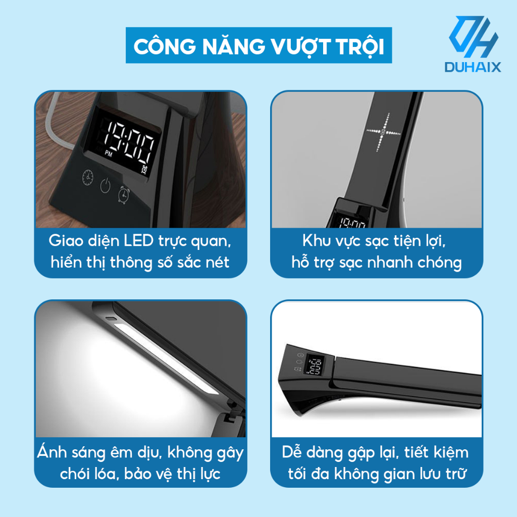 Đèn học để bàn cao cấp chống cận bảo vệ mắt, Sạc nhanh 15W, Đồng hồ, Báo thức, 3 chế độ ánh sáng, BH 12th