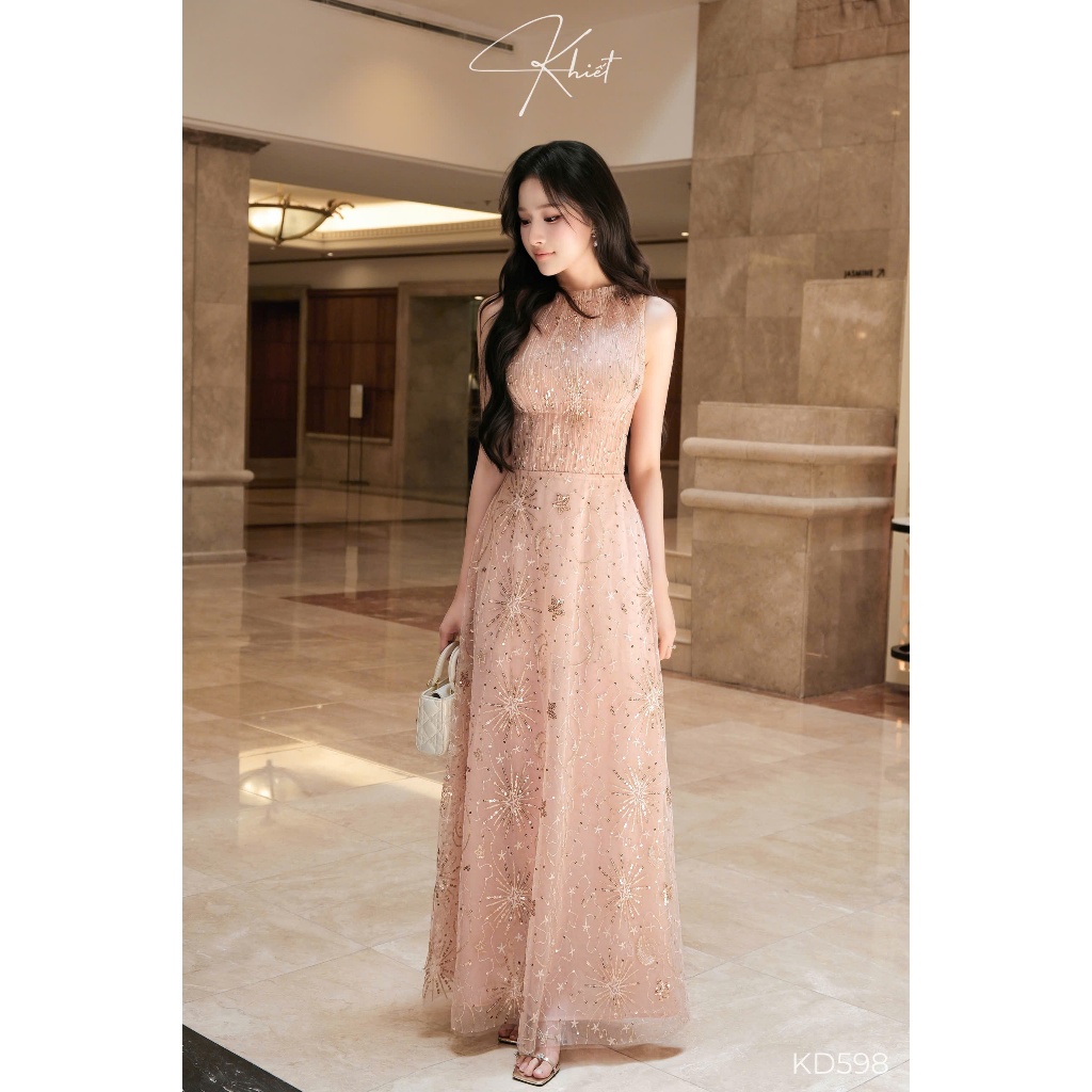 Đầm ren kim sa lấp lánh dáng dài tone hồng ngọt ngào phong cách dự tiệc thanh lịch lỗng lẫy KD598