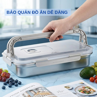Hộp đựng thực phẩm inox cao cấp 3L, hộp kín hơi chống tràn, giữ tươi đồ ăn, dùng cho tủ lạnh và mang đi