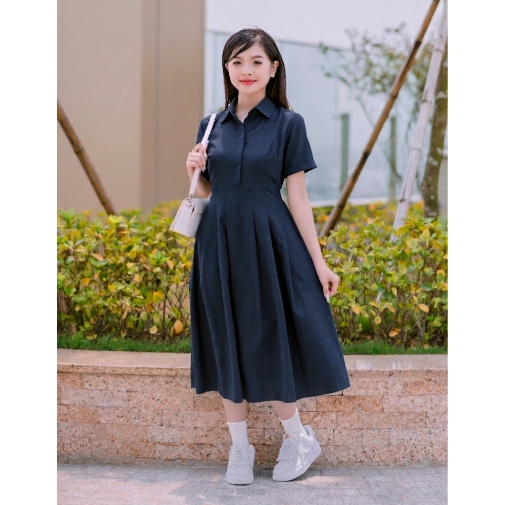 Váy sơ mi dáng dài, đầm nữ công sở thiết kế thêu tên theo yêu cầu tùng xếp ly vải oxford mặc đi chơi đi làm