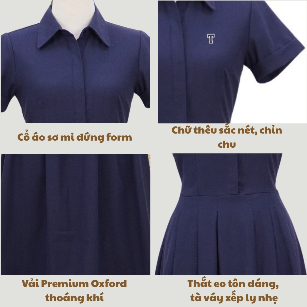 Váy sơ mi dáng dài, đầm nữ công sở thiết kế thêu tên theo yêu cầu tùng xếp ly vải oxford mặc đi chơi đi làm