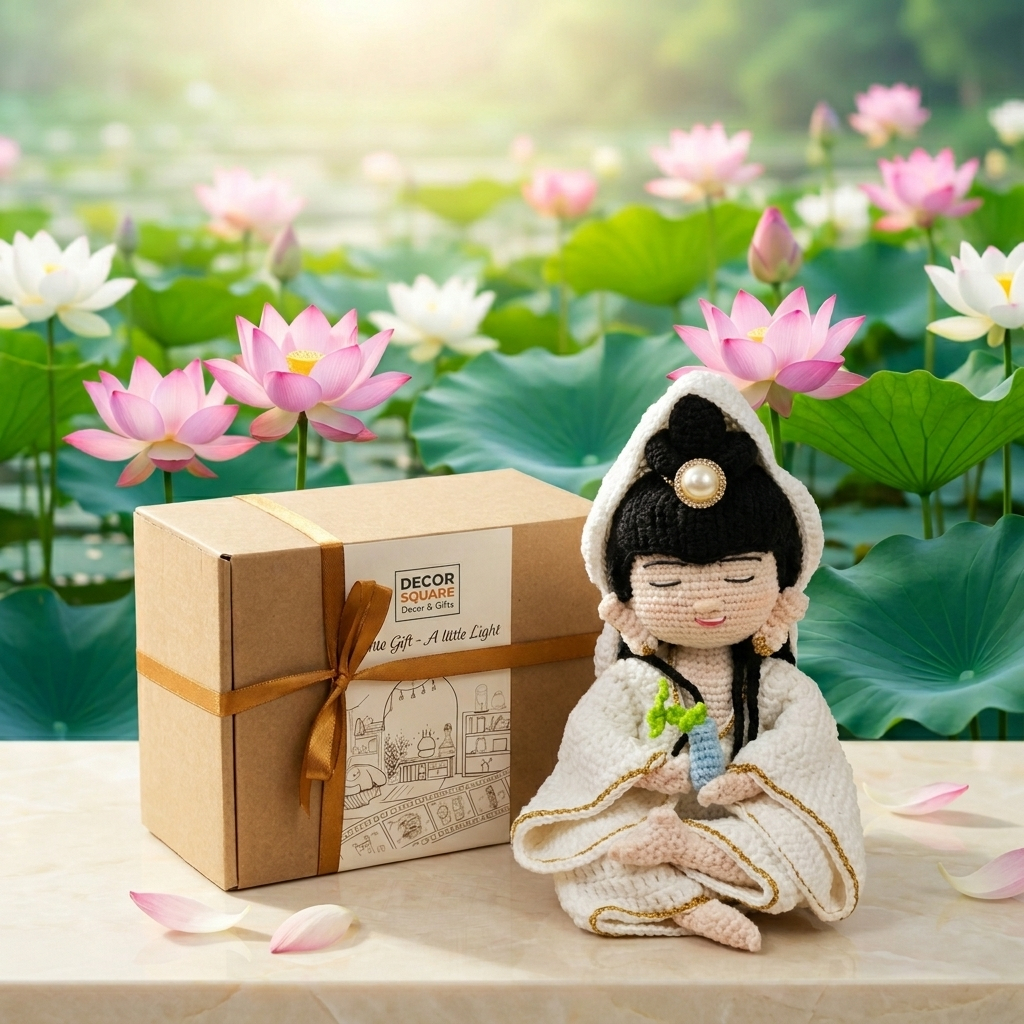 Tượng Quan Âm Bồ Tát Len Handmade Ngồi Thiền Decor Square – Trang Trí, Quà Tặng Bình An, May Mắn, Phong Thủy