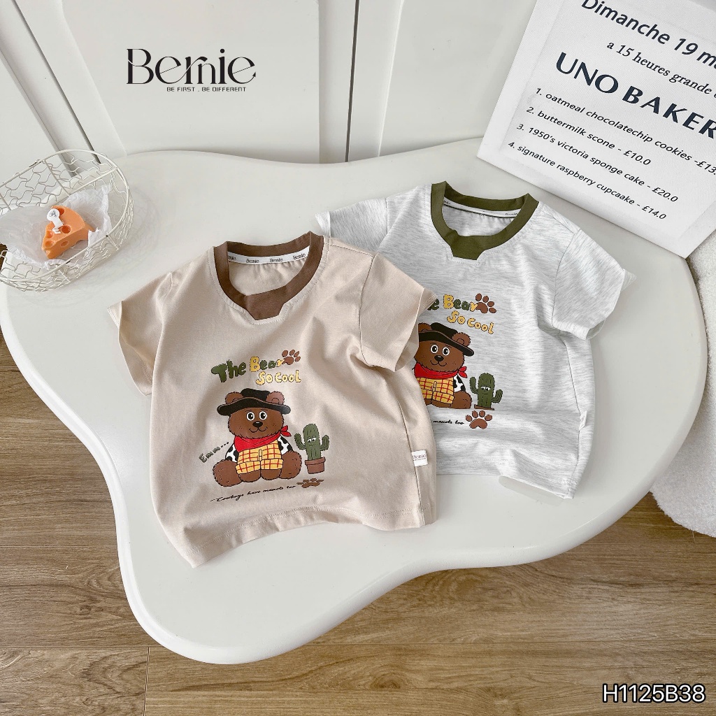 Bộ cotton gấu cao bồi cá tính, set áo thun quần cotton mềm mát cho bé