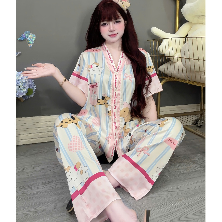 Đồ bộ mặc nhà nữ dễ thương,đồ ngủ lụa cao cấp tiểu thư,pijama cổ Y nút đính kim mịn mát hotrend[100]