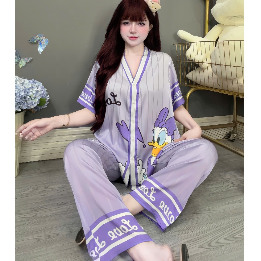 Đồ bộ mặc nhà nữ dễ thương,đồ ngủ lụa cao cấp tiểu thư,pijama cổ Y nút đính kim mịn mát hotrend[100]