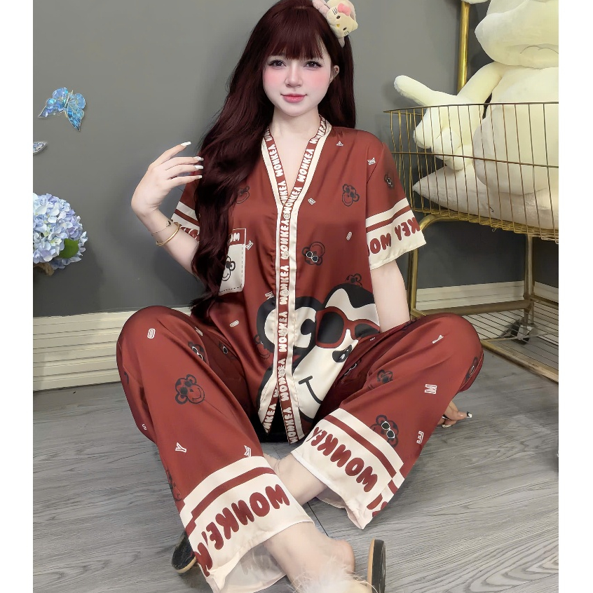 Đồ bộ mặc nhà nữ dễ thương,đồ ngủ lụa cao cấp tiểu thư,pijama cổ Y nút đính kim mịn mát hotrend[100]