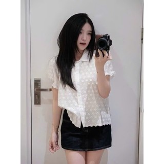 Áo sơ mi ren cộc tay vải siêu mềm mát, áo thô boi tay dúm LAVIAN SM18